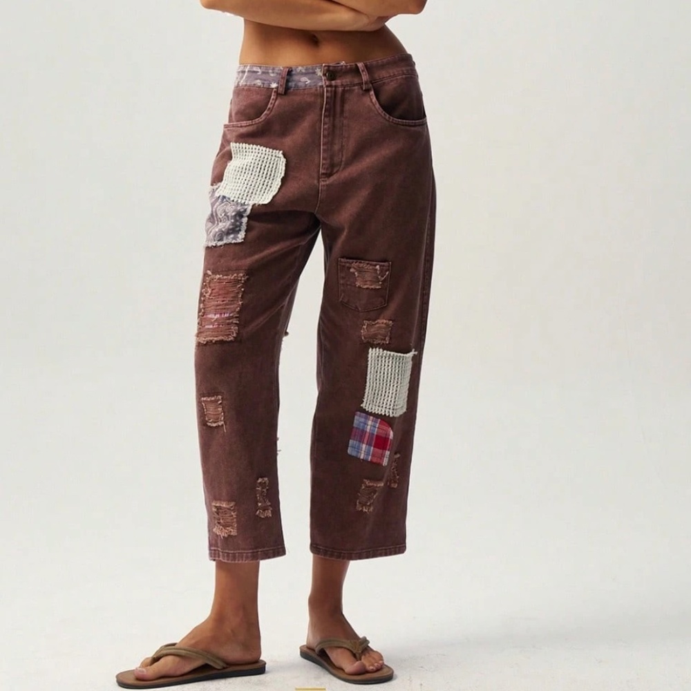 Western Distressed Paisley Lace patchwork Cropped Capri Denim Pants